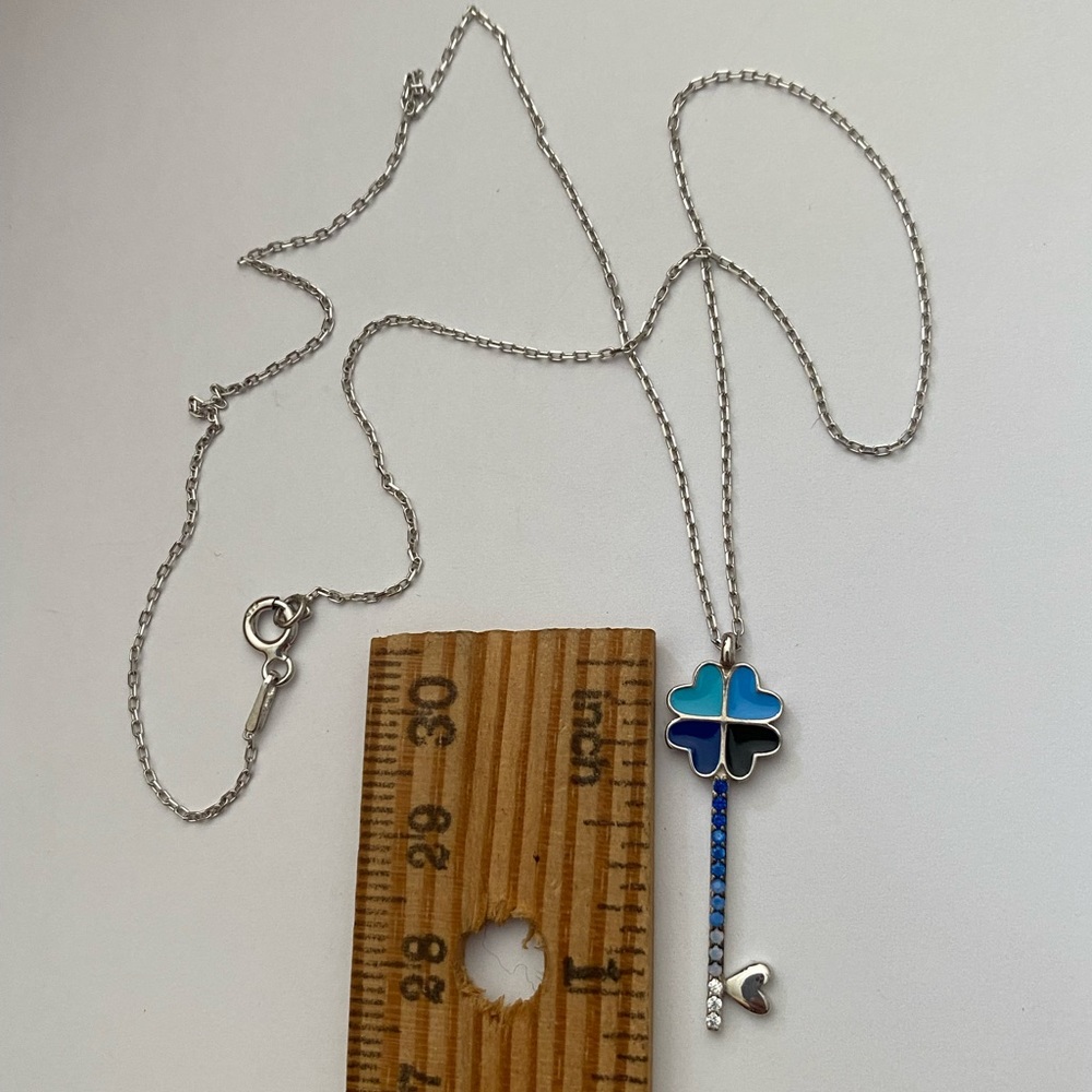 Blue heart clover key 925 silver cz necklace - Picture 6 of 9